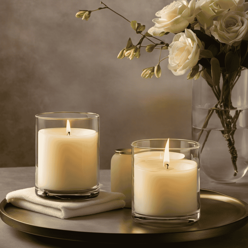An image showcasing a serene bathroom setting, with a flickering aromatherapy candle casting a soft, warm glow