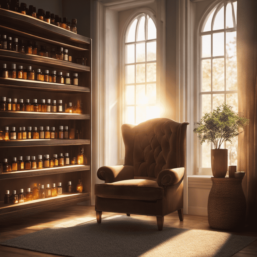 An image showcasing a serene, dimly lit room with a cozy armchair surrounded by shelves filled with essential oil bottles