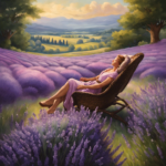 An image showcasing a serene scene with a person reclining on a lavender-filled meadow, surrounded by delicate lavender flowers, while inhaling the soothing aroma, symbolizing the relief and relaxation aromatherapy provides for headaches