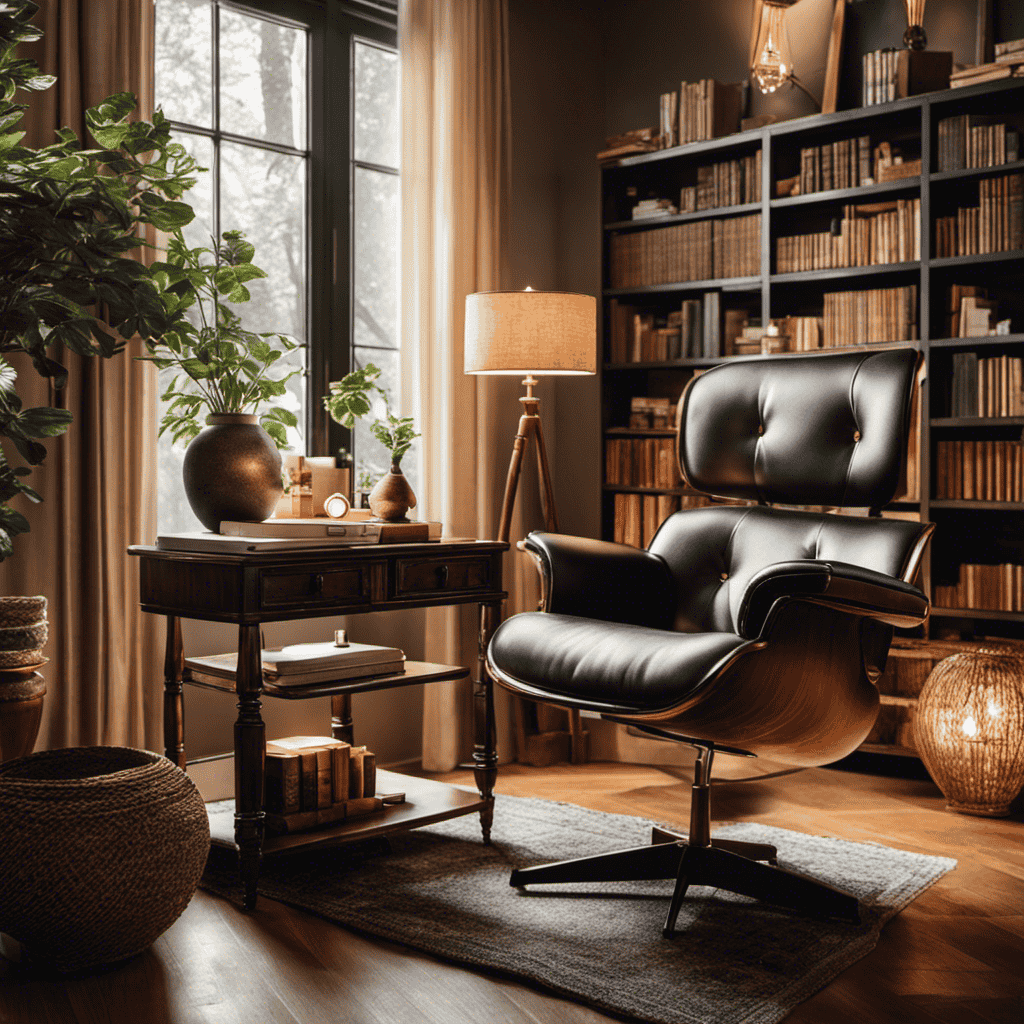 An image of a serene study space with a diffuser emitting invigorating scents, surrounded by books, a cozy chair, soft light, and a cup of aromatic tea, encouraging focus, alertness, and productivity
