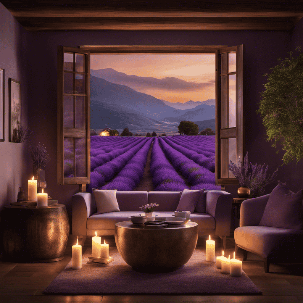 An image showcasing a serene scene: a cozy, dimly lit room illuminated by flickering candles, with a lavender-scented diffuser gently dispersing soothing vapors that swirl around a person, enveloping them in tranquility