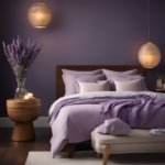 An image showcasing a serene bedroom scene with a dimly lit nightstand adorned with a small bowl of lavender-infused oil, a diffuser emitting a soft mist, and a peacefully sleeping person