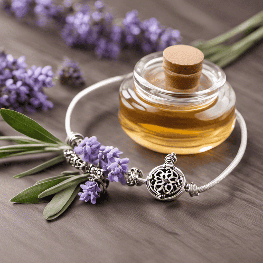 An image showcasing a delicate diffuser bracelet adorned with a petite, translucent glass container filled with lavender essential oil