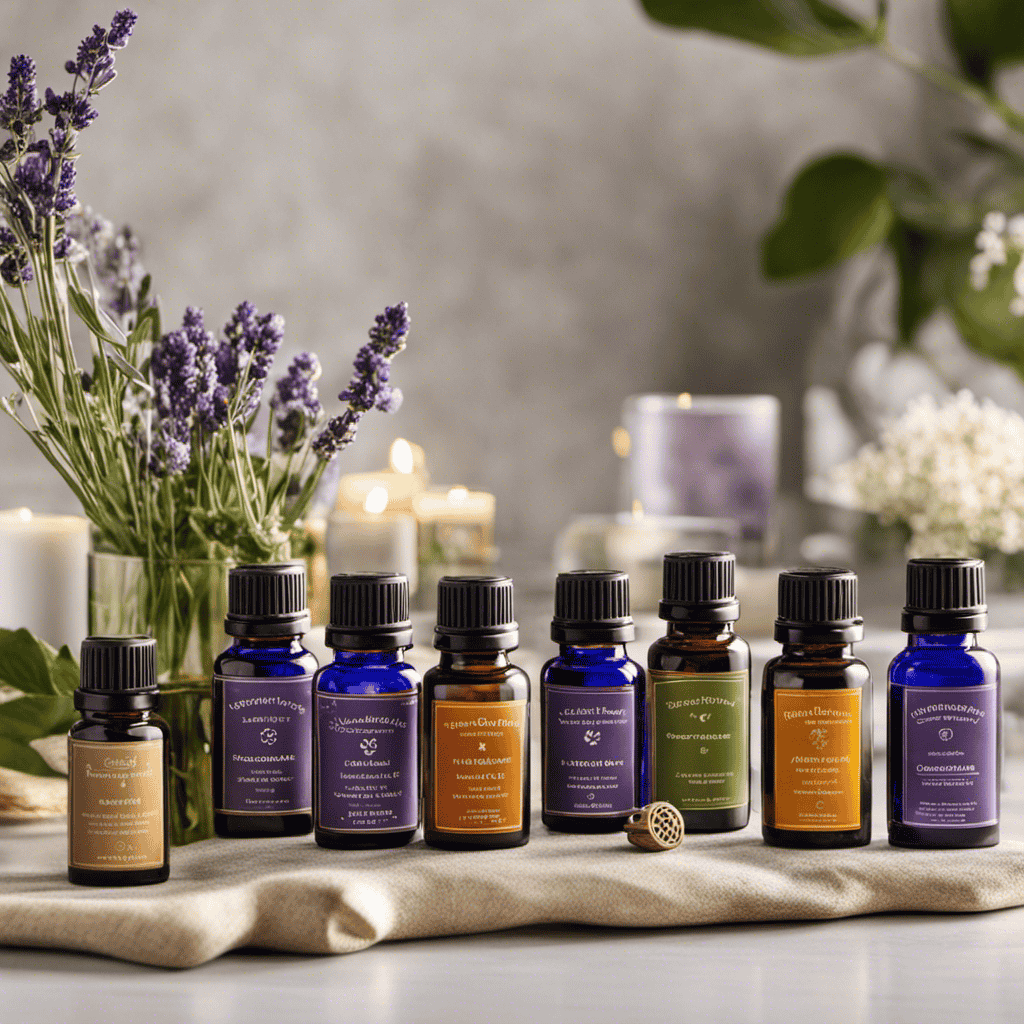 An image showcasing a serene diffuser surrounded by a variety of essential oil bottles, each labeled with its unique scent, such as lavender, eucalyptus, peppermint, and chamomile, inviting readers to discover the perfect aromatherapy oil to begin their journey