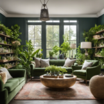 An image of a serene living room, with a variety of lush green plants and shelves filled with essential oil bottles