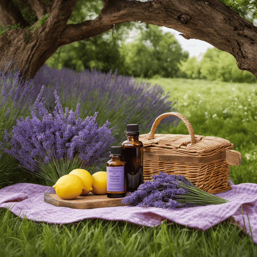 An image showcasing a serene outdoor scene with a vibrant bouquet of lavender, peppermint, and lemon essential oils placed strategically around a picnic blanket, effectively repelling ants