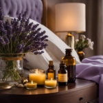 An image showcasing a serene bedroom scene with a nightstand adorned with various aromatherapy oils