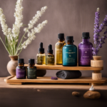 An image showcasing a serene spa scene with a wooden shelf displaying an array of aromatherapy oils