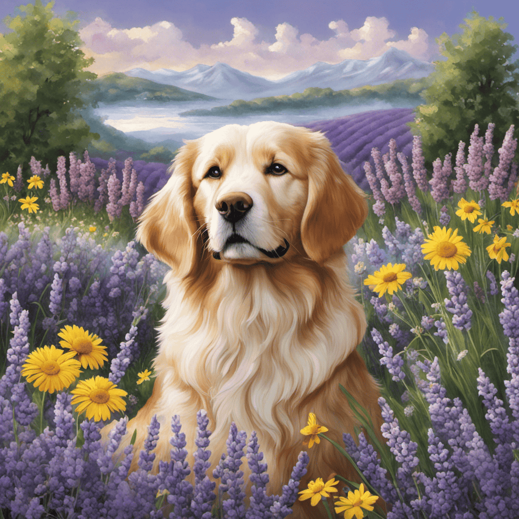 An image showcasing a peaceful scene with a content dog and cat surrounded by lavender, chamomile, and peppermint plants, highlighting the safe aromatherapy oils for pets