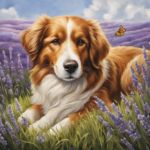 A captivating image showcasing a serene scene of a contented dog lying on a plush grassy field, while aromatic essential oils such as lavender, chamomile, and peppermint swirl around, providing relief from itching