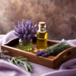 An image depicting a serene scene with a wooden tray showcasing a bottle of lavender oil, peppermint oil, and eucalyptus oil, surrounded by colorful blooming flowers and a feather