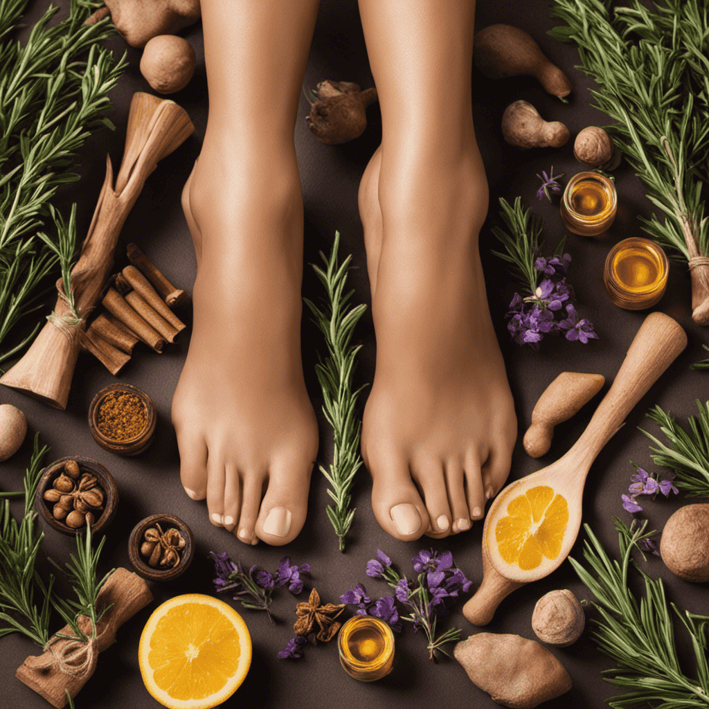 An image showcasing a pair of vibrant, invigorated legs and feet enveloped in a mist of refreshing aromatherapy oils