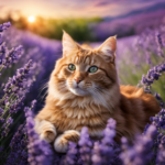 An image showcasing a serene setting with a cat peacefully lounging amidst a field of lavender flowers, surrounded by bottles of cat-safe aromatherapy oils, evoking a calming and soothing atmosphere