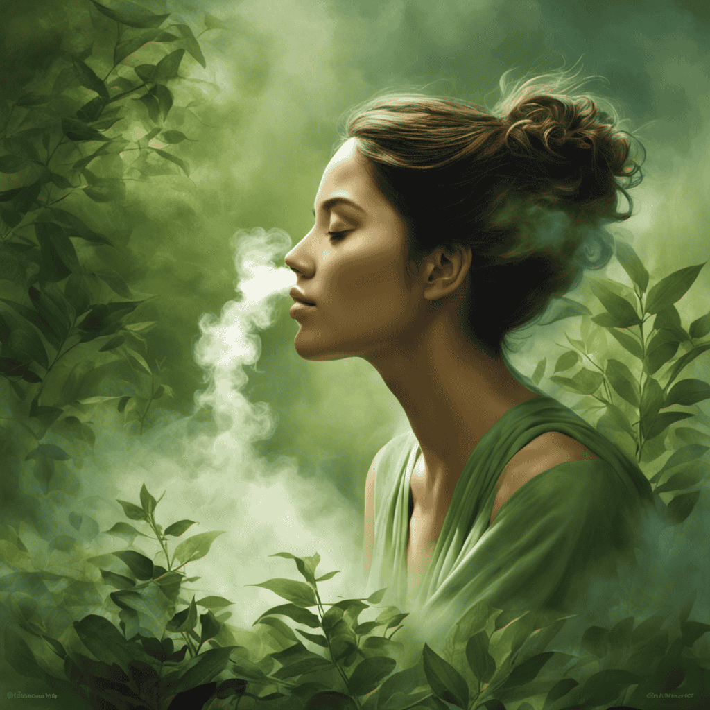 An image depicting a serene scene with a person inhaling steam infused with eucalyptus oil, surrounded by gentle wisps of vapor, soothing green hues, and a hint of coolness in the air