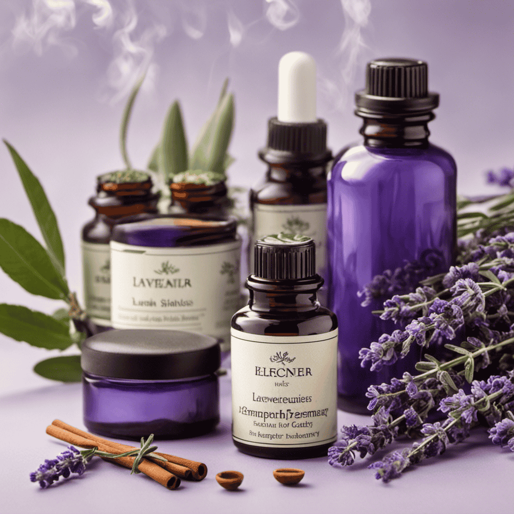 An image depicting various aromatherapy scents: lavender to induce relaxation, eucalyptus for clearing sinuses, peppermint for mental clarity, and rosemary for stimulating focus
