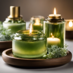 An image showcasing a tranquil spa setting, with soft lighting and a variety of aromatic essences in elegant glass bottles, emitting delicate wisps of fragrance to evoke relaxation, rejuvenation, and stress relief
