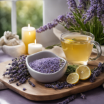 An image showcasing a serene spa setting with soft lighting, a bowl of sliced lemons, a bouquet of fresh lavender, and a steaming cup of chamomile tea, evoking a soothing and rejuvenating atmosphere for aromatherapy to alleviate hangover symptoms