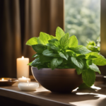 An image showcasing a serene setting with a bowl of freshly crushed peppermint leaves, radiating invigorating aroma