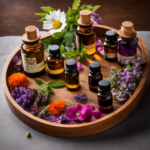 An image showcasing an elegant wooden tray adorned with an assortment of glass bottles filled with vibrant essential oils, alongside delicate flower petals and aromatic herbs, inviting readers to explore the endless possibilities of aromatherapy