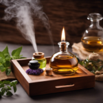 An image showcasing a serene scene of a wooden tray holding a small glass bottle of aromatherapy oil, surrounded by delicate steam swirling from a warm diffuser