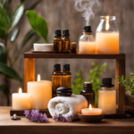 An image showcasing a serene spa setting, with soft lighting and a variety of essential oils neatly arranged on a wooden shelf