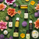 An image that showcases the diverse world of aromatherapy: an assortment of aromatic essential oils, plant extracts, diffusers, and candles displayed against a backdrop of lush green leaves and blooming flowers
