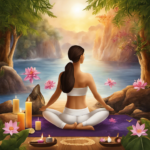 An image depicting a serene setting with a person engaged in reflexology, aromatherapy, and yoga