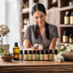 An image depicting a well-lit room with shelves of neatly organized essential oils, accompanied by a wooden massage table adorned with aromatic flowers and a serene-looking practitioner holding a certification diploma