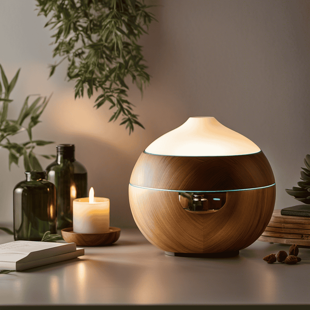 An image featuring a serene, dimly lit room engulfed in a subtle haze of aromatic essential oils diffused through a sleek, modern diffuser