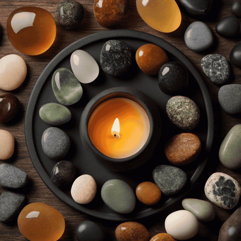An image showcasing a variety of diffuser stones surrounded by aromatic essential oils, emanating gentle wisps of fragrance