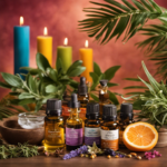 An image showcasing a vibrant Florida-inspired scene, with a table displaying an array of essential oils, carrier oils, and various botanicals