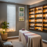 An image showcasing a serene, well-lit therapy room with a beautifully arranged display of essential oils, a certificate of completion from an accredited aromatherapy course, and a business license hanging on the wall