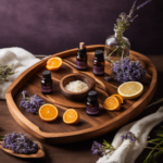 An image showcasing an elegant wooden tray adorned with an array of essential oils, diffusers, natural ingredients like lavender buds and dried citrus slices, alongside delicate glass bottles and a soft, plush towel