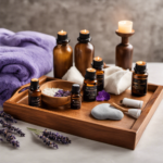 An image showcasing a serene setting, featuring a wooden tray adorned with an array of essential oils, diffuser, dried lavender, a plush towel, and a cozy blanket, inviting readers to explore the essentials of aromatherapy