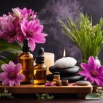 An image showcasing a serene spa environment, featuring a wooden table adorned with an assortment of essential oils, diffusers emitting gentle mist, and a bouquet of vibrant flowers, evoking a sense of tranquility and relaxation