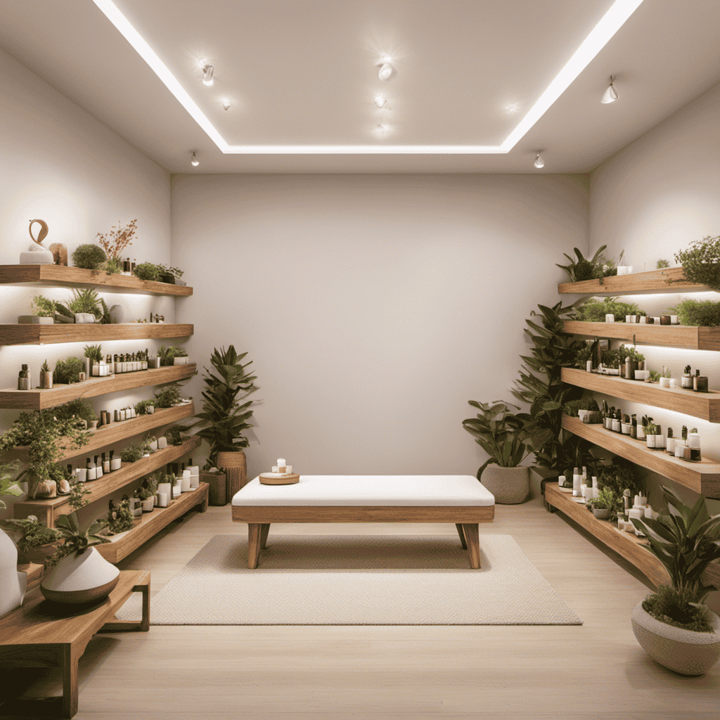 An image showcasing a serene and minimalist aromatherapy training space, adorned with shelves of essential oils, a massage table, and a cozy corner with diffusers and botanical arrangements