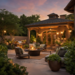 An image of a serene outdoor setting at dusk, where a flickering citronella candle illuminates a cozy patio