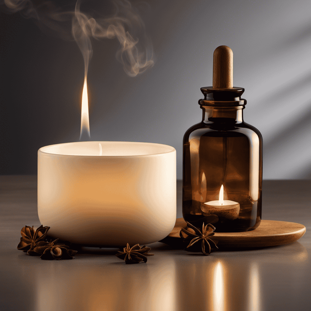 An image depicting a serene setting with soft candlelight, where a person is inhaling the soothing aroma of clove oil from a diffuser