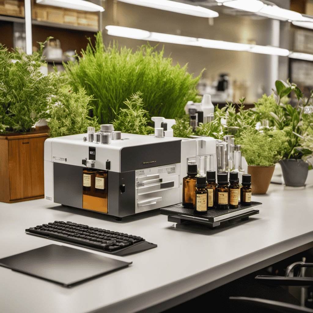 An image showcasing a scientific laboratory setting with a gas chromatograph-mass spectrometer (GC/MS) prominently displayed, surrounded by vials of various essential oils and aromatic plants, evoking the precise analysis and quality control involved in aromatherapy