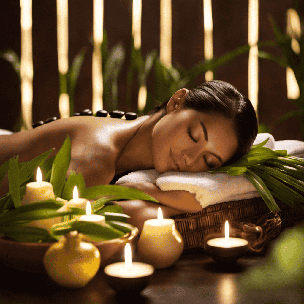 An image showcasing a serene spa environment with soft lighting, showcasing a person receiving a lemongrass aromatherapy massage