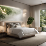 An image showcasing a serene bedroom with a diffuser emitting a delicate mist of peppermint-scented vapor, enveloping the room in a refreshing ambiance