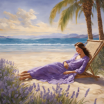 An image that captures a serene scene: a woman lying on a beach, surrounded by gently swaying palm trees, with soft waves lapping at the shore, while delicate lavender and chamomile flowers float in the air, infusing tranquility and calmness