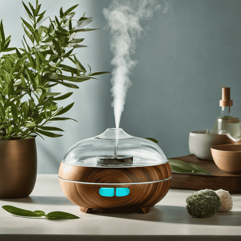 An image of a serene spa-like setting, with a tea tree essential oil diffuser releasing a mist of soothing aroma