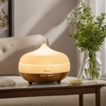 An image that showcases a serene, spa-like setting with a teatree essential oil diffuser gently releasing aromatic vapors