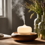 An image featuring a serene setting: a softly-lit room with a diffuser emitting fragrant mist, surrounded by various essential oils, a Bible open to a passage on healing, and hands gently cupped around the diffuser