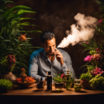 An image showcasing a serene setting with a person inhaling aromatic vapors from a vaporizer, surrounded by vibrant botanicals and soft ambient lighting, illustrating the concept of vaping aromatherapy