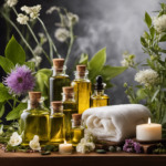 An image showcasing an array of aromatic flowers and herbs surrounding a tranquil spa setting, with wisps of delicate fragrances gently wafting through the air, illustrating the diverse effects of different aromatherapy oils