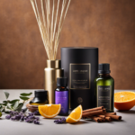 An image showcasing a variety of unconventional diffuser aromatherapy ingredients, like dried lavender blossoms, eucalyptus leaves, citrus peels, and cinnamon sticks, arranged artfully around a sleek diffuser