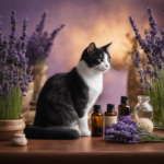 An image showcasing a serene home environment with a content cat, surrounded by lavender, chamomile, and frankincense essential oils
