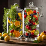 An image showcasing a vibrant assortment of fresh herbs and fruits, elegantly arranged in a glass dispenser filled with water
